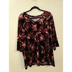 Catherine Womens Size 1X(18/20) Red/Black Floral V-Neck 3/4 Sleeve‎ Velvet Tunic